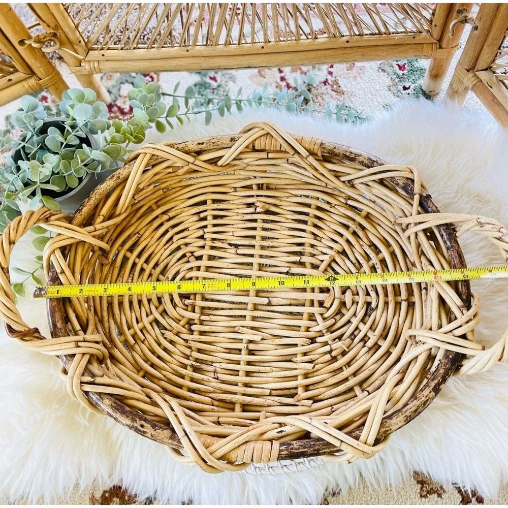 Woven Rattan Oval Basket With Handles Boho Cottage Fall Autumn Tabletop Decor